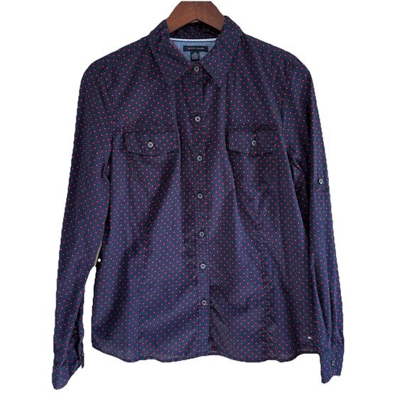 Tommy Hilfiger Women's Blue Polka Dot Roll-Tab Sleeve Button Down Shirt Large - Picture 2 of 11